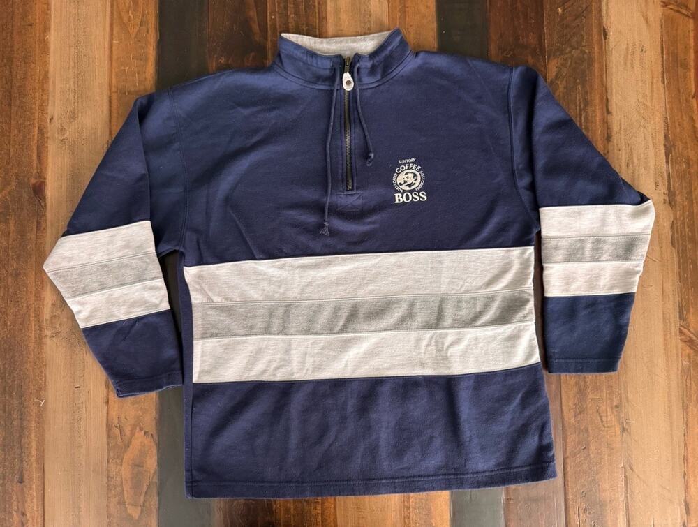 Vintage Suntory Boss Coffee 1/4 Zip Pullover Navy/Gray Japanese Streetwear F